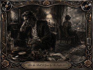 A richly textured charcoal scene shows a weary man with a whiskey glass while a distant woman sits near a glowing city window. Deep blacks, smoky grays, muted gold highlights, and soft lamplight create a melancholy, reflective mood. Ornate musical framing, roses, vinyl records, guitar strings, and a vintage microphone complete the nostalgic composition.