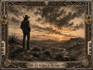 A solitary cowboy stands on a rugged desert ridge, gazing toward a glowing sunset beyond distant mesas and winding plains. Deep feathered charcoal textures create a reflective, determined mood, warmed by amber light. An ornate chrome-and-gold musical frame features guitars, strings, piano keys, picks, filigree, and an engraved title plate.