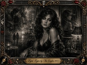 A glamorous woman sits alone in a shadowy 1970s lounge, surrounded by smoky charcoal memories of romance, city lights, and quiet regret. Dramatic monochrome shading contrasts with red roses, lips, and warm gold ornamentation. An elaborate music-themed frame, vinyl records, strings, and engraved title plate complete the melancholy composition.