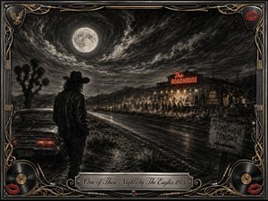 A lone figure stands beside a vintage car on a moonlit desert highway, watching a glowing roadhouse alive with music and dancing silhouettes. Deep charcoal textures create a restless, mysterious atmosphere, accented by warm amber and red light. An ornate chrome-and-gold musical frame surrounds the dramatic nocturnal scene.