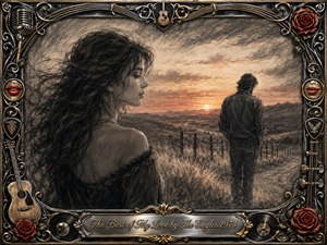 A wistful charcoal scene shows a woman in windswept profile watching a distant man beside a rural fence at sunset. Warm amber and dusty rose light soften the dark textured landscape, creating a bittersweet romantic mood. Ornate chrome-and-gold musical framing, roses, guitars, records, red lips, and an engraved title plate complete the nostalgic composition.