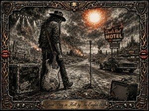 A lone, road-worn guitarist crosses a scorched desert highway beneath a blazing sun and smoke-filled sky. Deep feathered charcoal textures create a gritty, ominous mood, accented by ember reds and metallic gold. A motel, hot rod, microphone, amplifier, scattered picks, and ornate rock-inspired frame complete the dramatic composition.