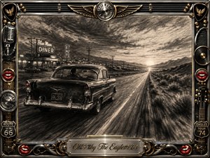 A vintage black car cruises along a lonely highway toward a glowing sunrise, leaving a roadside diner and scattered town lights behind. Deep feathered charcoal textures create a nostalgic, reflective mood, while dramatic clouds and sweeping road lines suggest motion. An ornate chrome-and-gold musical frame surrounds the scene with retro rock details.