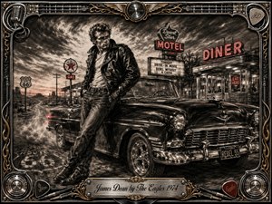 A brooding young rebel leans against a gleaming vintage convertible beside a neon-lit roadside diner and motel. Deep charcoal textures create a smoky, cinematic mood, accented by muted red signs and bright chrome highlights. Route 66 details, desert horizons, guitar motifs, and an ornate metallic frame reinforce the restless rock-and-roll atmosphere.