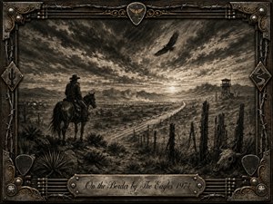 A lone rider surveys a vast desert borderland beneath a turbulent, cloud-streaked sky, while a hawk circles above a winding road, distant watchtower, and weathered fence. Deep charcoal textures and warm sepia tones create a brooding, cinematic mood, framed by ornate metalwork, barbed wire, guitar strings, and engraved Western details.
