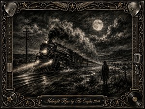 A moonlit steam train races through a rugged midnight landscape as a solitary traveler watches beside the tracks. Deep feathered charcoal textures, glowing headlights, stormy clouds, and reflective rails create a restless, cinematic mood. An ornate black, chrome, and gold music-themed frame surrounds the scene, with an engraved title plate below.