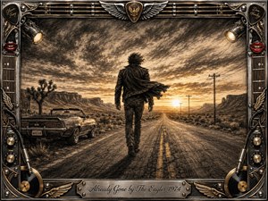 A lone traveler strides down an empty desert highway toward a glowing sunset, leaving a vintage convertible behind. Deep charcoal textures, warm sepia-gold light, distant mesas, and telephone poles create a determined, liberated mood. An ornate chrome-and-gold rock-themed frame features strings, records, wings, red lips, and an engraved title plate.