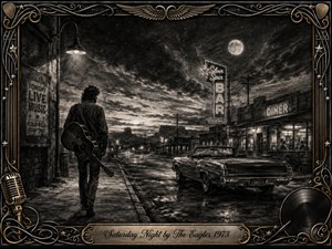 A lone guitarist walks down a rain-darkened small-town street beneath a bright moon, passing a vintage car, glowing diner, and distant neon bar. Deep charcoal textures, silvery highlights, and dramatic clouds create a wistful, nostalgic mood, while an ornate gold-and-chrome musical frame adds elegant rock-and-roll detail.