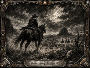 A lone outlaw rides across a moonlit desert beneath turbulent clouds, while distant horsemen emerge through drifting dust near rugged mesas. Deep charcoal textures, smoky grays, and sharp highlights create a brooding Western mood. An ornate metal-and-guitar-string frame, accented with gold details and an engraved title plate, completes the dramatic composition.