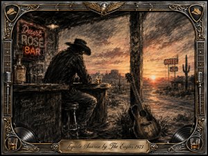 A solitary cowboy sits at a weathered desert bar as dawn glows across a dusty Southwestern highway. Deep charcoal textures and smoky grays contrast with amber, rose, and gold sunrise light. An acoustic guitar, tequila glass, neon signs, and distant motel create a wistful, cinematic mood within an ornate chrome-and-gold musical frame.
