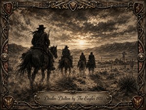 Four rugged riders cross a dusty Western plain toward a distant frontier settlement beneath a dramatic glowing sunset. Deep charcoal textures, sepia highlights, stormy clouds, mountains, and windblown dust create a brooding, nostalgic mood. An ornate metal-and-leather frame with barbed wire, guitar strings, eagle emblems, and engraved title plate completes the vintage composition.