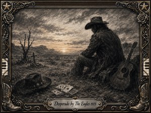 A solitary cowboy sits beneath a brooding desert sunset, gazing across distant mountains with an acoustic guitar, scattered playing cards, and a weathered hat nearby. Deep charcoal textures and smoky sepia highlights create a somber, reflective mood. An ornate Western music-themed frame surrounds the scene, finished with an engraved title plate.