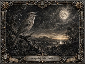 A detailed charcoal nightingale sings from a gnarled branch above a moonlit western landscape, surrounded by stars, drifting musical lines, and a glowing full moon. Deep blacks, smoky grays, and warm metallic accents create a wistful, romantic mood. An ornate music-themed frame features roses, microphones, guitar details, sheet music, and an engraved title plate.