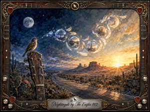 A nightingale sings from a weathered acoustic guitar above a winding desert highway, where moonlit indigo night dissolves into a radiant amber sunrise. Translucent, feather-ringed bubbles sweep across the sky in an S-shaped arc, suggesting memories and hope. Rich watercolor textures glow within an ornate wood, chrome, and gold musical frame.