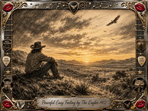 A lone cowboy rests on a rocky hillside overlooking a vast desert valley at golden sunset, while eagles glide through a dramatic charcoal sky. Deep feathered shading, warm sepia highlights, and rugged textures create a calm, reflective mood. An ornate chrome-and-gold musical frame surrounds the scene, finished with red lips and a central engraved title plate.