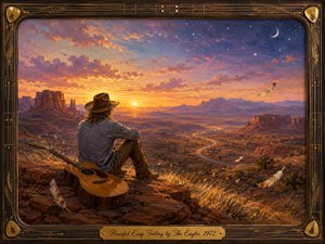 A lone traveler rests beside an acoustic guitar on a desert overlook, watching a glowing sunset dissolve into a starry violet sky. Winding roads, distant mesas, drifting feathers, and golden grasses create a serene S-curved composition. Rich oil-paint textures, warm amber light, and an ornate guitar-themed frame deepen the peaceful mood.
