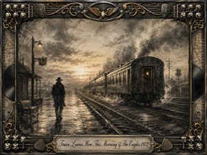 A solitary figure stands beside rain-darkened railway tracks as a vintage train disappears into a smoky dawn, creating a reflective, bittersweet sense of departure. Rich charcoal textures, sepia shadows, and soft amber light shape the misty station scene. An ornate music-themed metallic frame surrounds the artwork, with guitar hardware, filigree, vinyl details, and an engraved title plate.