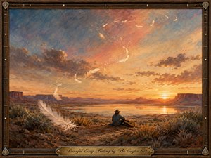 A lone traveler rests beside an acoustic guitar overlooking a tranquil desert lake at sunset. Golden light washes distant mesas, sagebrush, and glowing water beneath a blue-and-rose sky. Feathered musical notes spiral upward in a graceful S-curve. Rich charcoal, pastel, and watercolor textures create a serene mood, framed by wood, gold, and guitar strings.