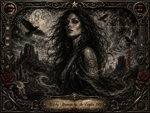A mysterious dark-haired woman stands against a moonlit desert of rugged mesas, ravens, swirling smoke, and occult symbols. Deep charcoal textures, muted crimson accents, and bronze-gold highlights create a haunting, seductive mood. An ornate gothic rock-inspired frame features roses, lips, guitar motifs, metallic filigree, and an engraved title plate.