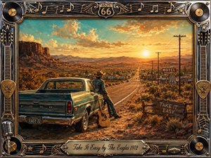 A lone traveler pauses beside a vintage turquoise pickup and acoustic guitar on a desert highway at golden sunset, gazing toward a distant Route 66 town. Warm amber, rust, turquoise, and gold tones create a relaxed nostalgic mood, framed by ornate chrome, musical notes, vinyl records, guitar details, and engraved titlework.