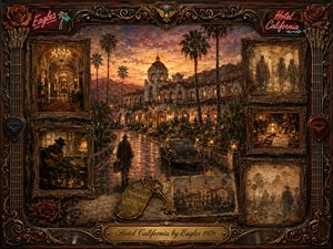 A grand California hotel glows beneath a fiery sunset, framed by palms, mountains, and rain-slicked reflections. Sepia-toned memory panels surround the central scene with shadowy figures, music, wine, roses, keys, and vintage photographs. Ornate rosewood, black metal, and gold inlay create a mysterious, luxurious, nostalgic atmosphere.