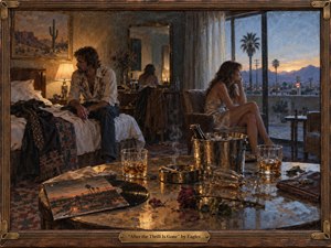 A weary couple sits apart in a richly textured 1970s motel room at dawn, surrounded by half-finished drinks, cigarette smoke, a wilted rose, and a vinyl record. Warm amber lamplight contrasts with cool blue morning light, while desert mountains and palms outside deepen the bittersweet, reflective mood.