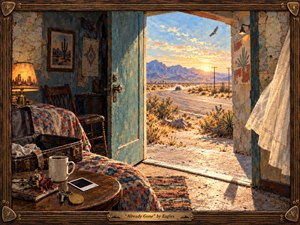 A weathered desert motel room opens onto a winding highway glowing beneath a golden sunrise, symbolizing release and forward motion. Cool turquoise shadows contrast with warm amber desert light, while an open suitcase, dried rose, coffee cup, keys, and distant car enrich the quiet narrative. Painterly textures and a handcrafted wooden frame evoke 1970s Americana.