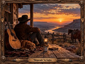 A solitary cowboy sits on a weathered cabin porch overlooking a vast canyon and winding river at sunset. Warm amber, orange, violet, and deep brown tones create a reflective, melancholy mood. A guitar, sleeping dog, lantern, journal, fence, and saddled horse enrich the scene, rendered in richly textured cinematic realism.