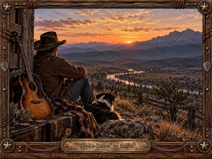 A weathered cowboy sits beside an acoustic guitar and travel-worn case, overlooking a vast Western valley at sunset. A winding river reflects warm amber light beneath layered mountains and dramatic clouds. Rich browns, ochres, copper, and deep blue create a nostalgic, solitary mood, rendered in highly detailed cinematic realism with rugged handcrafted framing and aged metalwork.