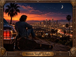 A solitary musician sits beside a vintage car and weathered guitar case on a hillside overlooking a glowing city at twilight. Palm trees frame the scene as winding headlights lead toward distant skyscrapers beneath a crescent moon. Warm amber, orange, and deep blue tones create a nostalgic, restless mood, rendered in cinematic realistic digital painting.