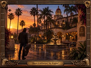 A cinematic vintage scene shows a solitary guitarist approaching a grand Spanish-style hotel courtyard at sunset. Tall palms, glowing arches, fountains, tropical flowers, and a classic car create an alluring yet ominous atmosphere. Warm golds, oranges, burgundy, and deep violet dominate the palette, rendered with richly textured painterly detail and ornate guitar-inspired framing.