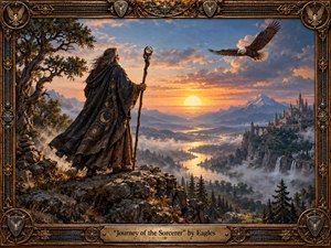 A lone, robed sorcerer stands on a rocky mountain ledge, overlooking a misty valley, winding golden river, distant peaks, and an ornate hilltop city beneath a glowing sunset. A soaring eagle reinforces the sense of freedom and destiny. Rich bronze, blue, amber, and earthy tones shape this cinematic, highly detailed fantasy oil painting, framed with intricate handcrafted metalwork and engraved ornamentation.