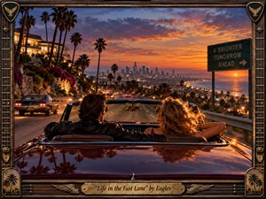 A vintage-inspired cinematic scene shows a couple racing downhill in a gleaming burgundy convertible toward a glowing coastal city at sunset. Palm trees, winding traffic, hillside homes, ocean reflections, and dramatic clouds create a seductive yet restless atmosphere. Rich amber, crimson, purple, and deep blue tones enhance the photorealistic, handcrafted album-cover aesthetic.