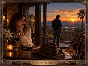 A cinematic, richly detailed scene depicts a reflective woman seated on a rustic terrace at sunset while a solitary man faces a glowing mountain valley. Warm amber light, deep browns, copper, and dusky blue create nostalgic tension. An acoustic guitar, cowboy hat, candle, wine, lilies, stone architecture, and an ornate Western-inspired frame reinforce the handcrafted country-rock atmosphere.