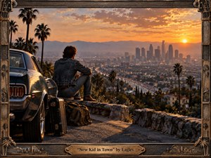 A contemplative young man sits beside a vintage muscle car overlooking Los Angeles at sunset, surrounded by a guitar case and travel bag. Palm trees, winding freeways, distant skyscrapers, and hazy mountains create cinematic depth. Golden orange light contrasts with deep shadows, while the richly textured handcrafted frame adds a nostalgic 1970s character.