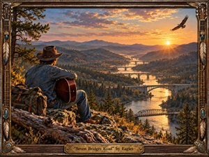 A lone traveler with an acoustic guitar sits on a rocky overlook above a winding river, facing a chain of bridges stretching through forested mountains. Warm sunset light floods the valley in gold and amber, contrasting with cool blue shadows. The richly detailed, nostalgic Americana painting features rugged textures, dramatic clouds, and an ornate guitar-inspired frame.