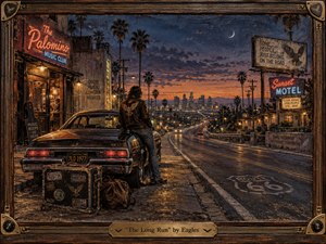 A lone traveler leans beside a weathered 1970s car overlooking a palm-lined highway descending toward glowing Los Angeles lights. Deep blue dusk, amber neon, rust, and gold create a weary yet determined mood. Rich oil-and-encaustic textures, roadside signs, luggage, moonlight, and a dark wood-and-brass frame reinforce enduring motion and resolve.