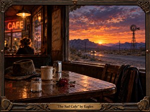 A richly textured vintage cafe overlooks a desert highway at sunset, creating a poignant atmosphere of solitude, nostalgia, and quiet longing. Warm amber interior light contrasts with a vivid orange, purple, and crimson sky, distant mountains, and a winding road. A worn table, coffee mug, cowboy hat, rose, and weathered wood reinforce the handcrafted, cinematic character.