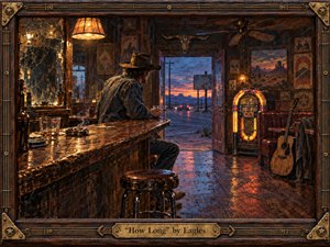 A solitary cowboy sits at a scarred wooden bar, gazing toward a twilight desert road where distant taillights fade into the horizon. Warm amber lamps, a glowing jukebox, cracked mirror, guitar, smoke haze, and worn floorboards create a bittersweet, road-weary mood in richly textured, vintage oil-and-gouache style.
