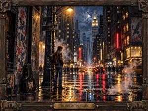 A solitary man stands on a rain-soaked city street at night, dwarfed by towering buildings, glowing windows, traffic, and drifting steam. Warm amber streetlights and red reflections contrast with deep blue shadows. Rendered in richly textured oil-and-gouache style, the scene feels gritty, cinematic, introspective, and quietly hopeful.