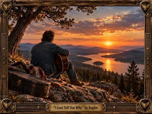 A solitary guitarist sits on a rugged mountain overlook, quietly facing a glowing sunset reflected across a winding lake. Warm amber, copper, and deep blue tones create a wistful, introspective mood. Photorealistic detail, weathered textures, dramatic clouds, pine silhouettes, and a handcrafted guitar-inspired frame reinforce the nostalgic late-1970s atmosphere.