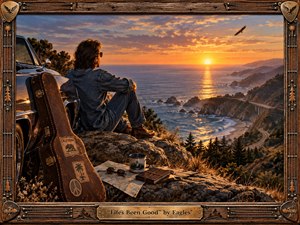A richly detailed cinematic scene shows a relaxed traveler seated beside a vintage car and guitar case overlooking a rugged Pacific coastline at sunset. Golden light spills across the ocean, winding highway, cliffs, and distant mountains. Warm amber, copper, deep blue, and weathered brown tones create a nostalgic classic-rock atmosphere, framed with handcrafted wood and metal ornamentation.