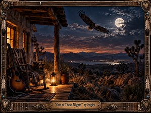 A moonlit Southwestern desert stretches beyond a rustic porch, where an acoustic guitar, rocking chair, cowboy hat, and glowing lantern create a warm, intimate foreground. An eagle soars beneath a bright full moon over distant mountains and scattered lights. Rich amber, deep blue, and bronze tones enhance the cinematic, handcrafted Western-rock atmosphere.