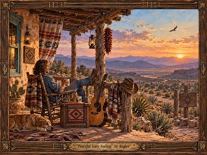 A relaxed man rests on a rustic Southwestern porch beside an acoustic guitar and sleeping dog, overlooking a vast desert valley at sunset. Warm gold, terracotta, turquoise, and dusky blue tones glow beneath soft evening light. Painterly oil-and-gouache textures, woven blankets, lanterns, cactus, distant mountains, and a soaring bird create serene depth.
