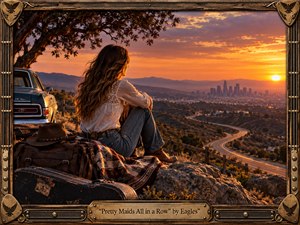 A solitary woman sits on a rocky overlook beside a vintage car, guitar case, hat, and travel bag, watching a glowing city beyond winding hills. Warm orange sunset light contrasts with deep browns and blue-gray shadows, creating a reflective, nostalgic mood. Photorealistic detail and an ornate guitar-inspired frame complete the scene.