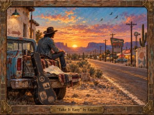 A lone traveler rests beside a weathered pickup on a desert highway at sunset, gazing toward distant mesas and a glowing roadside town. Warm oranges, dusty blues, and lavender shadows create a relaxed, nostalgic mood. Painterly textures, a guitar case, telephone poles, cacti, birds, and a handcrafted wood-and-brass frame enrich the scene.