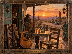 A weathered desert cantina opens onto a glowing sunrise, where a solitary cowboy watches the horizon beside an acoustic guitar, amber drink, flowers, and curling cigarette smoke. Warm gold, coral, turquoise, and dusty violet tones create a wistful mood, rendered in richly textured painterly detail within a rustic musical frame.