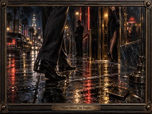 A rain-soaked late-night nightclub entrance glows with crimson, amber, and gold reflections as polished black shoes dominate the tense foreground. A glamorous woman disappears through the doorway while a shadowed doorman and dark limousine deepen the mystery. Rich oil-paint textures, wet pavement, neon light, smoky shadows, and an ornate bronze frame create seductive noir drama.