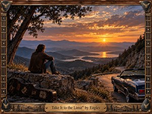 A lone man sits beside a weathered guitar case on a mountain overlook, contemplating a winding road, shimmering lake, and distant peaks beneath a dramatic sunset. Warm amber light contrasts with cool blue shadows, creating a nostalgic, contemplative mood. Richly textured realism, rustic framing, guitar-inspired details, and a brass title plate complete the handcrafted composition.