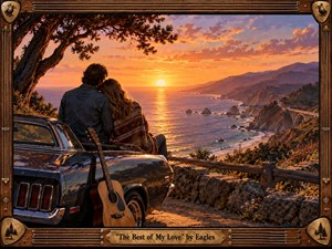 A warmly nostalgic coastal scene depicts a couple seated beside a vintage car and acoustic guitar, overlooking a rugged Pacific shoreline at sunset. Golden-orange light reflects across the ocean, mountains, and winding road, creating romantic serenity. Rich wood framing, guitar-string details, weathered metal, and painterly digital realism evoke a handcrafted 1970s Americana album aesthetic.
